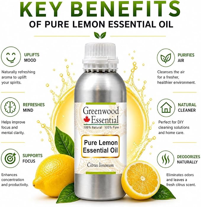 Greenwood Essential Pure Lemon Essential Oil (Citrus limonum) Steam Distilled 1250ml (42.2 oz)