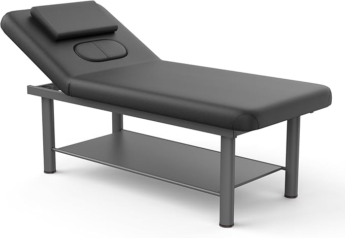 Professional Stationary Massage Table with Adjustable Backrest, PU Leather, Removable Headrest, Metal Frame, Heavy-Duty Spa Bed | Physical Therapy Facial Salon Tattoo Bed - 31.5'' W x 75'' L