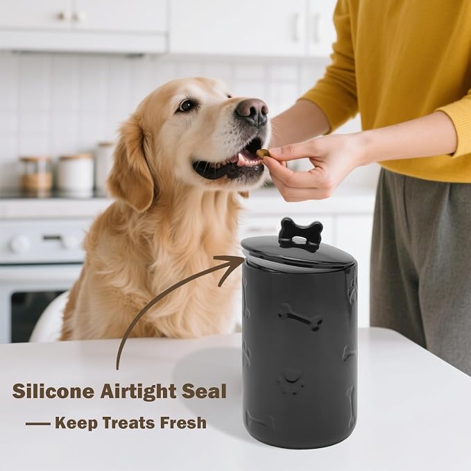 Dog Treat Container Airtight - 9"x5" Ceramic Big Treats Jar with Lid(Black)