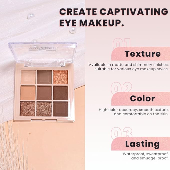 9 Colors Smoky Matte Shimmer Eyeshadow Palette for Women, Nude Rose Gold Light Medium Gray Wine Brown Purple, High Pigmented Primers Powder Palet de sombras de ojos (9 Colors-Nude Brown Gold)