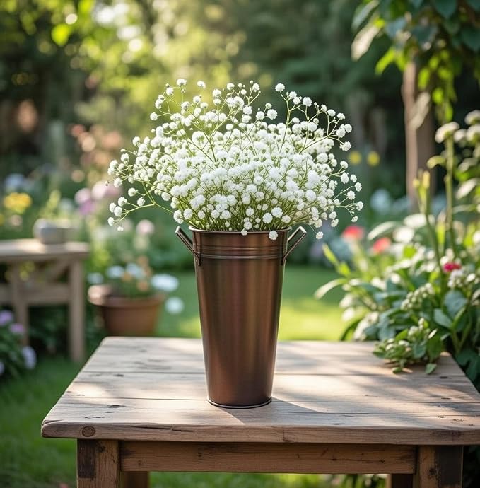 Hosley Set of 3 Antique Bronze Galvanized Floral Vases French Buckets 5" Dia x 9" H with Handles Vintage-Inspired Rustic Elegance for Floral Arrangements Home, Events, and Weddings