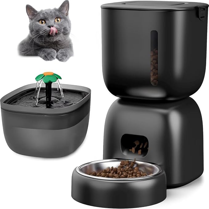 Casfuy 2-in-1 Automatic Cat Feeder & Water Fountain Set, Black, 3-L & 2-L