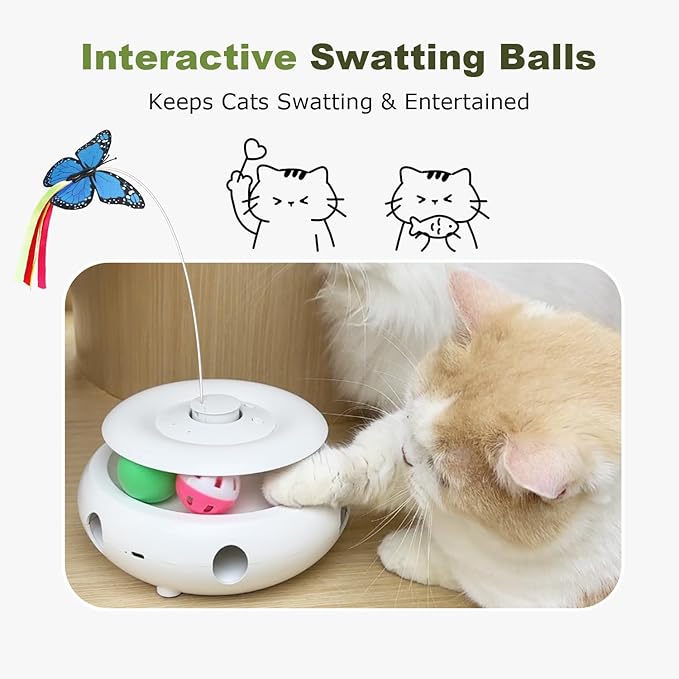 Cat Toys for Indoor Cats, 3-in-1 Interactive Cat Toy Automatic Kitten Toys with Fluttering Butterfly, Ambush Feather and Track Balls, Smart Sensor Wake-Up,USB Powered, Exercise & Boredom Relief
