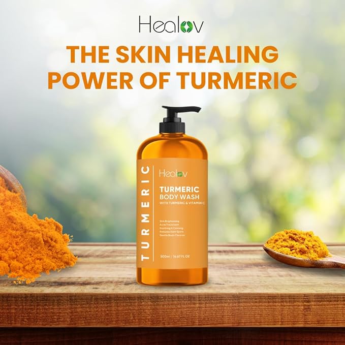 Healov Turmeric Body Wash – Skin Brightening Soap for Dark Spots, Hyperpigmentation – Exfoliating Turmeric Face Wash Reduces Acne, Scars, & Cleanses Skin – Natural Bath Liquid Soap