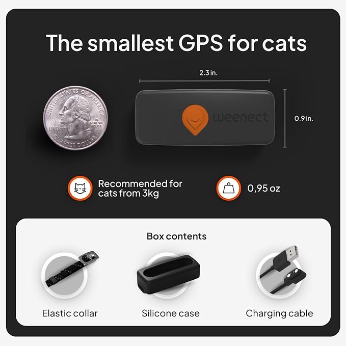 Weenect Cat XS - New GPS Tracker for Cats | Real-time Mini GPS Tracker for Cats | Smallest Model on The Market | Collar Included | Subscription Required