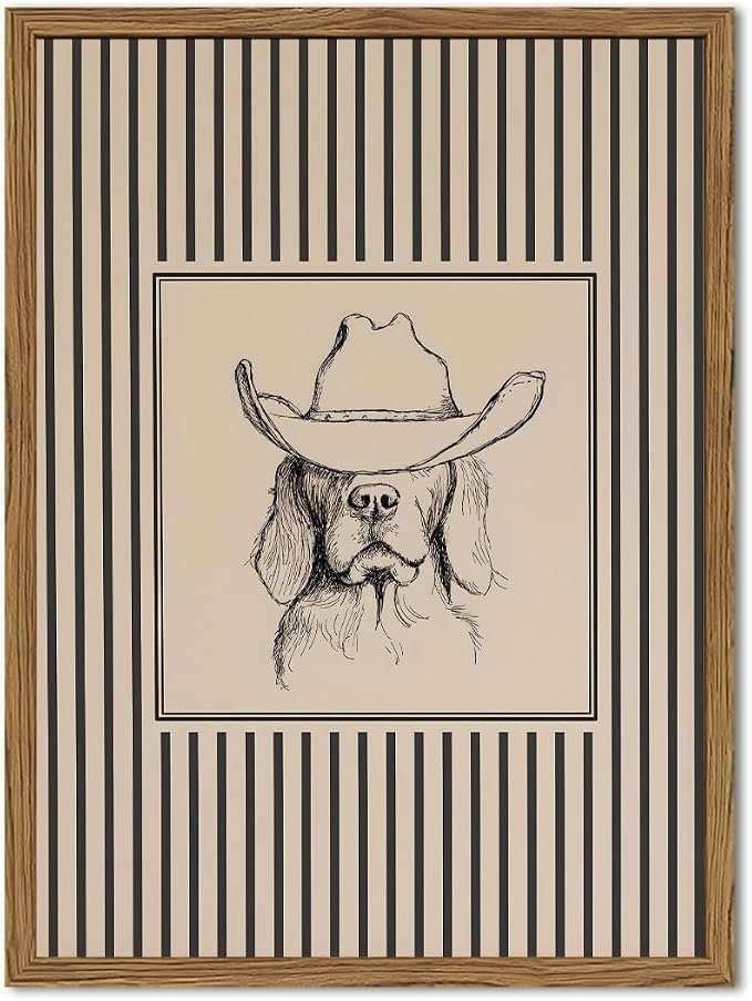 Vintage Western Cowboy Dog Wall Art Cute Southwestern Dog Wall Decor Painting, Retro Striped Western Animal Poster Canvas Print Picture for Living Room Bedroom 16x24 inch Wood Framed