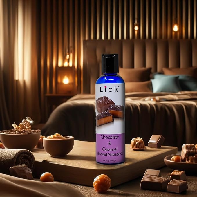 Lick Chocolate and Caramel Massage Oil – Decadent Dessert-Inspired Edible Massage Oil with Almond Oil & Vitamin E, Smooth Glide for Couples Massage, 4 oz