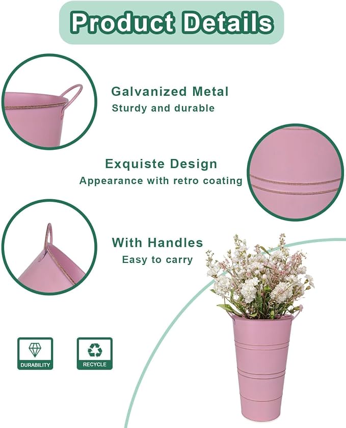12 Inch Galvanized Metal Vase, 2 Pack Tall Flower Buckets with Handles | Galvanized metal flower buckets with handles, rustic tall vase design for dried flowers, weddings, farmhouse and home decor.