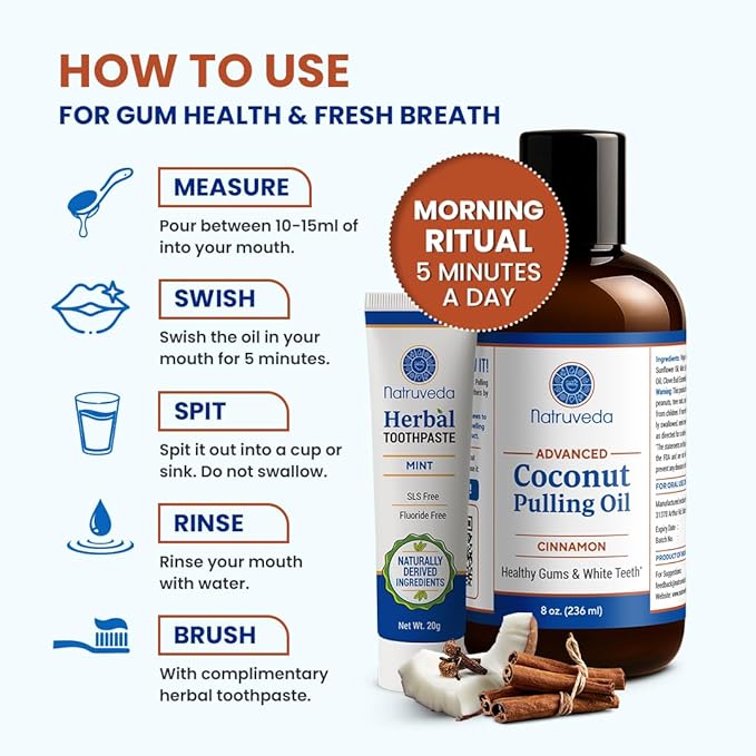 Natruveda Cinnamon Coconut Pulling Oil, 8 oz | Advanced Ayurvedic Oil Pulling Mouthwash with Virgin Coconut Oil, Clove & Sesame | Alcohol-Free Oral Care | with 20g Herbal Toothpaste