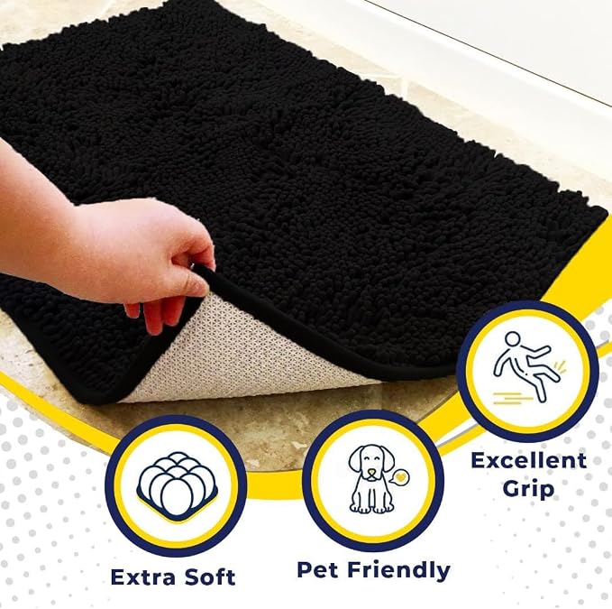 Muddy Mat® | Super Water Absorbent Door Mat Indoor, Microfiber Quick Dry Chenille Entryway Rug, Slip Resistant Front Door Mat, Indoor Mats for Entryway, Machine Washable Pet Rug, Black 28"x18"