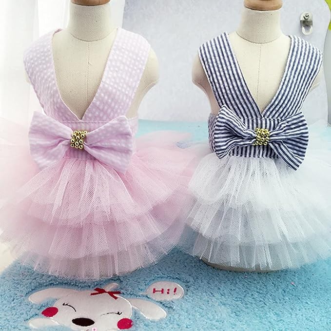 Dog Dresses, Fashion Pet Dog Clothes, Striped Mesh Puppy Dogs Princess Dresses (Blue, Medium)