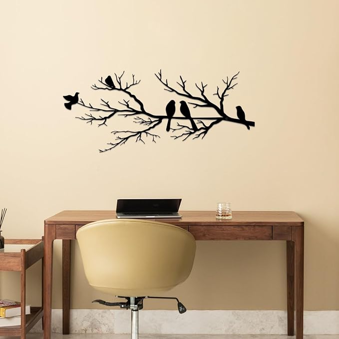 Metal Birds Wall Art, Metal Vivid Birds on Branch Silhouette Wall Decor Black Leaves with Bird Outdoor Hanging Wall Sculpture for Home Balcony Garden(Large)