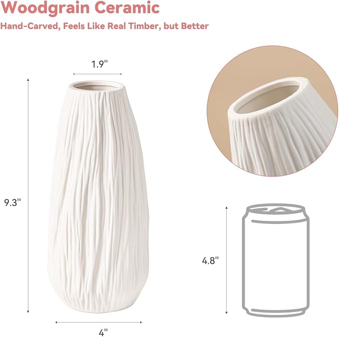 White Ceramic Vase with Woodgrain Texture & Vertical Lines - 9.3" Unique Flower Vase for Pampas Grass & Centerpieces, Farmhouse/Boho Decorative Vase for Living Room, Office Desk &Gift for Her/Yourself
