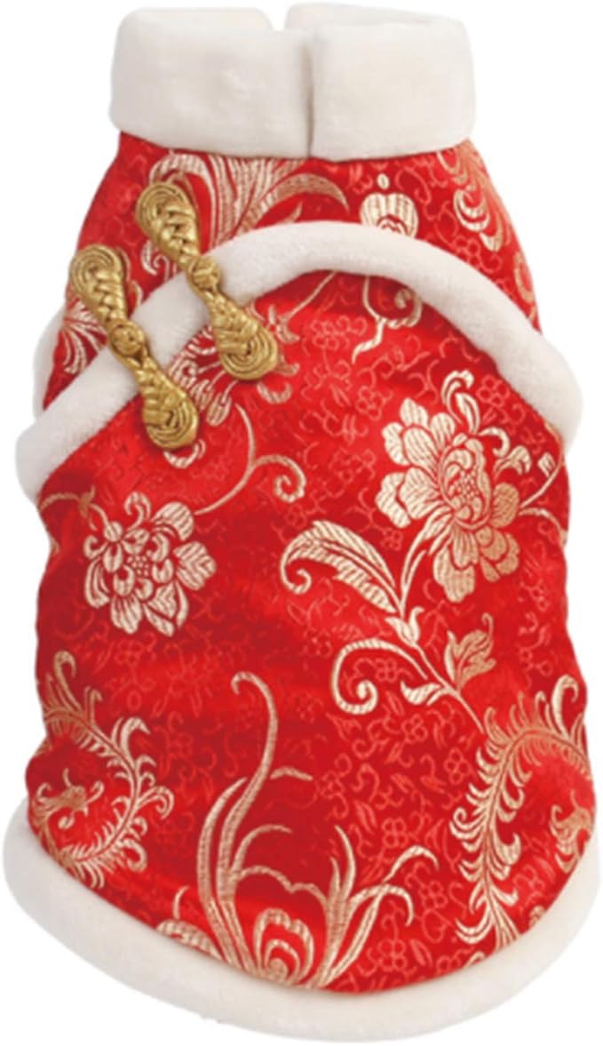 SEIS New Year Cat Knot Buttons Coat Dogs Cheongsam Winter Pet Clothes Vest of The Tang Dynasty Christmas Costume for Cats Teddy Bichon Small Medium Dogs (White, M (Chest Circumference 55cm/ 21.6"))