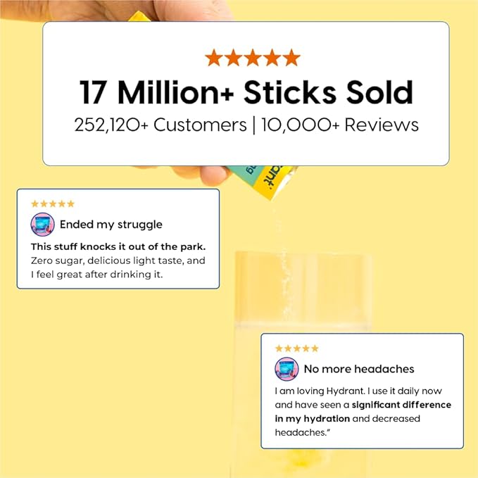 HYDRANT - Hydration Powder, Lemonade Flavor, 30 Individual Sugar-Free Instant Electrolyte Rehydration Packets - Zero Sugar Drink Mix for Daily Use, Travel & Workouts