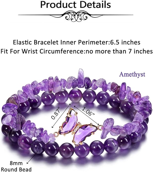 Top Plaza Amethyst Bracelet Healing Crystal Stone Bracelet for Women 8mm Crystal Beads Butterfly Charms Stretch Bracelet Handmade Energy Gemstone Bracelet Jewelry