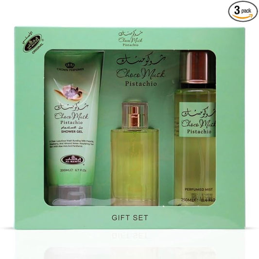Al-Rehab Choco Musk Pistachio 3-Piece Gift Set – Eau de Parfum 50ml + Shower Gel 200ml + Body Mist 250ml – Pistachio & Vanilla Unisex Collection