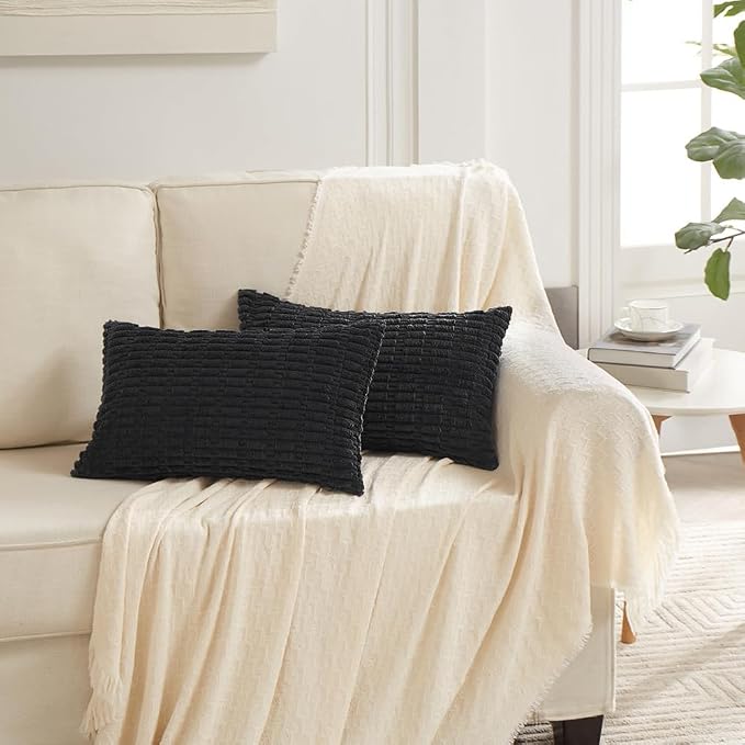 Fancy Homi Decorative Throw Pillow Covers for Bed Couch Bedroom Bench, Soft Corduroy Solid Pillow Case, Rustic Farmhouse Boho Room Decor,24" x 12" (Pack of 1),Black
