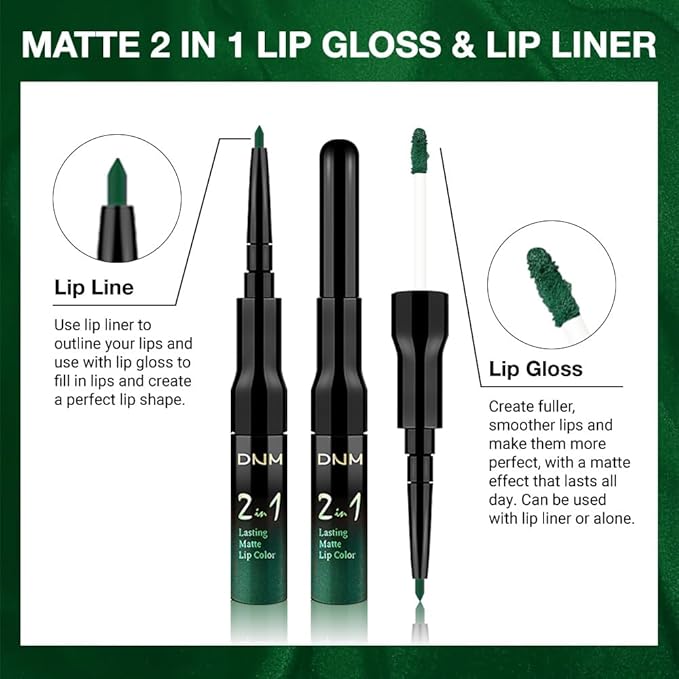 evpct 1Pcs Shimmer Green Matte Lip Liner & Liquid Lipstick Stain Makeup Set for Women, Green Lip Liner Stain Long Lasting Waterproof Smudge Proof, Cruelty Free Lip Stick Makeup 24 hours originales, 47