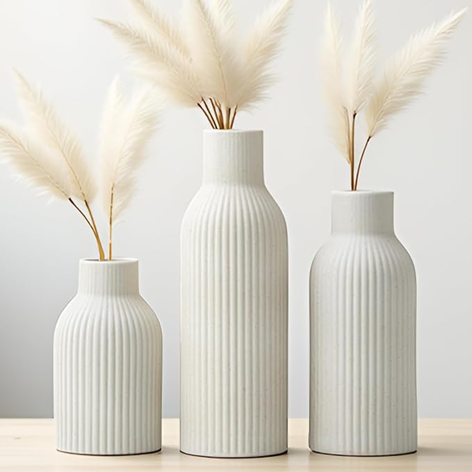 Modern Ceramic Vases Set of 3, Beige Ribbed Decorative Vases, Table Centerpiece for Home Decor (Beige)