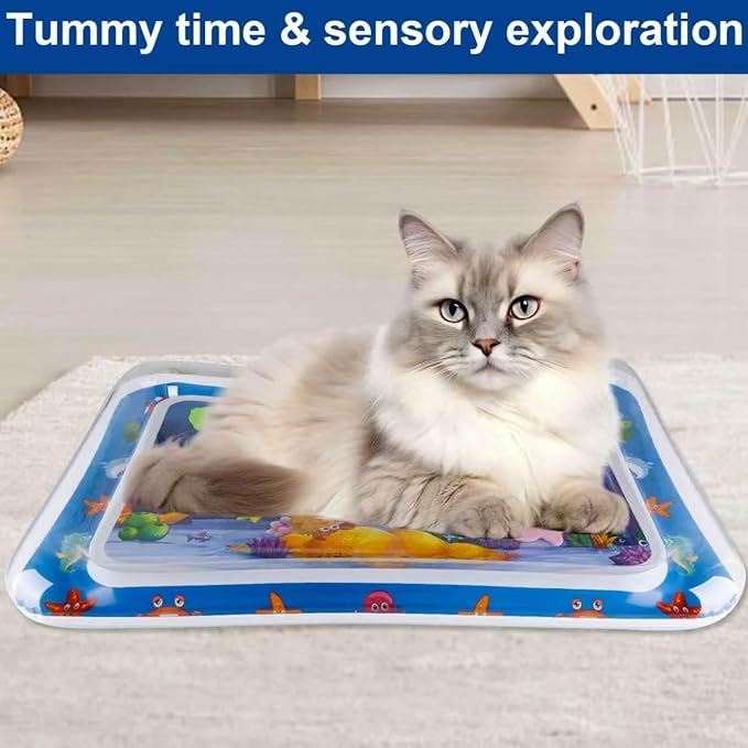 2026 Upgraded Thickened Cat Water Sensory Play Mat, Anti-Scratch Leak Proof Cooling Pad with Floating Fish Toy, Interactive Hunting Exercise Mat for Indoor Cats