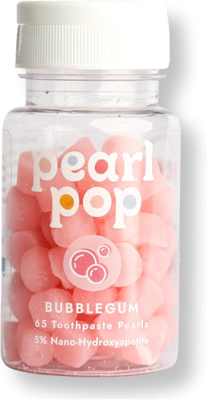 Pearl Pop Toothpaste Pearls, Chewy Fluoride Free Toothpaste for Kids & Adults, Stocking Stuffer, Mess-Free Travel Tooth Paste Alternative Made with Nano-Hydroxyapatite & Xylitol, Bubble Gum, 65ct