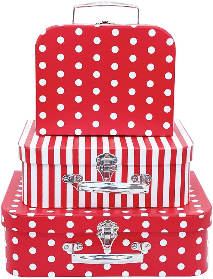 Paperboard Suitcases Set of 3 Decorative Storage Boxes With Lids, Red Gift Boxes With Lids, Nesting Gift Boxes for Disney Toys Barbie Doll Kids, Christmas or New Year Decoration