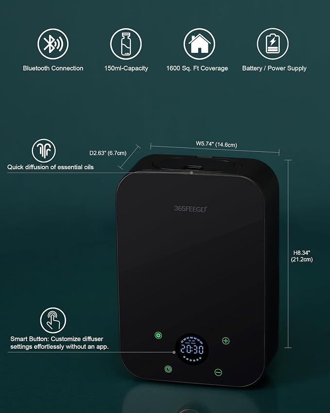 Waterless Essential Oil Diffuser, Portable Bluetooth Aromatherapy Device for Home, 24/7 Customizable Schedule, 1600 sq ft Coverage, 2×D Cell or Plug-in Powered (Dual Power-Black)