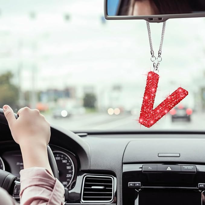 Bling Letter V Car Charm Pendant Letter Hanging Ornament for Rear View Mirror Decoration (Red, V)