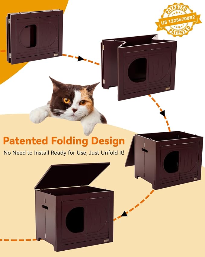 PETSFIT Cat Litter Box Enclosure, Unfold to Use, No Assembly Needed, Cat House & End Table, Fits Most Boxes (Espresso)