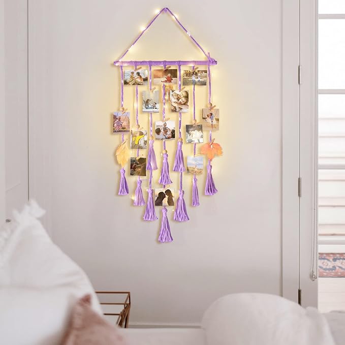Hanging Photo Display Wall Decor, Purple Macrame Hanging Boho Room Bedroom Decor, Picture Frame Collage with Light 30 Clips, Christmas Teenage Teen Girl Gifts Ages 10 11 12 13 14 Years Old