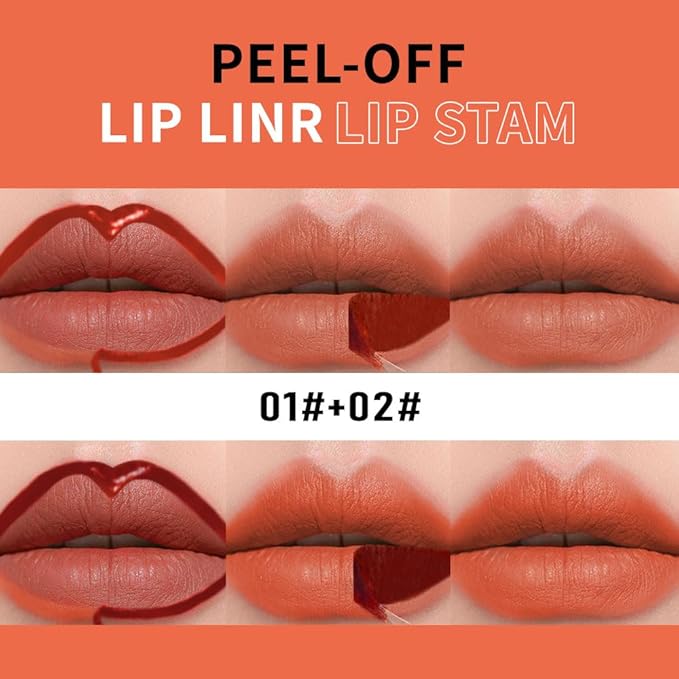 2-In-1 Peel Off Lip Stain Matte Finish Lip Liner Tattoo Peel-off Lip Tint Long Lasting All Day Lip Masque Waterproof Smudge-proof Transfer-proof, (1+2#Combination Pack, cinnamon+coral)