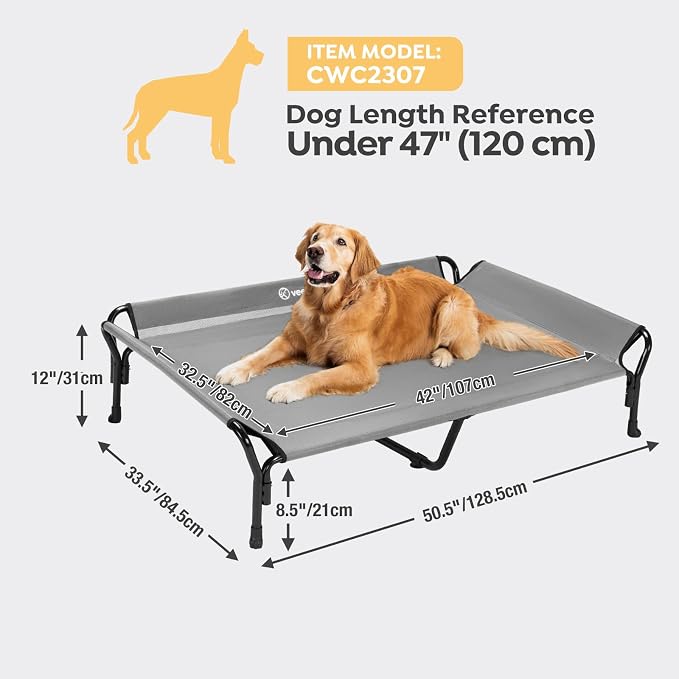 Veehoo Cooling Elevated Dog Bed, XL Raised Pet Cot with Guardrail & Slope Headrest, Durable Breathable Teslin Mesh, Non-Slip Feet, Washable Dog Couch Bed for Indoor & Outdoor, 50.5" x 33.5, Gray | Washable Dog Couch Bed for Indoor & Outdoor, Durable Br...