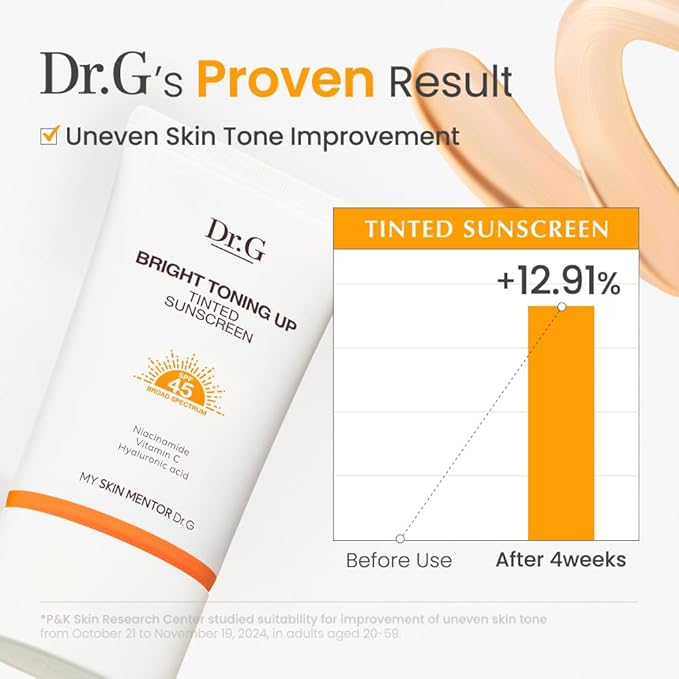 Dr. G Bright Toning Up Tinted Sunscreen - SPF 45 Broad Spectrum Korean Sunscreen - For All Skin Types - Lightweight, Matte Finish - Sebum Support - Niacinamide & Vitamin C - 1.69 fl oz