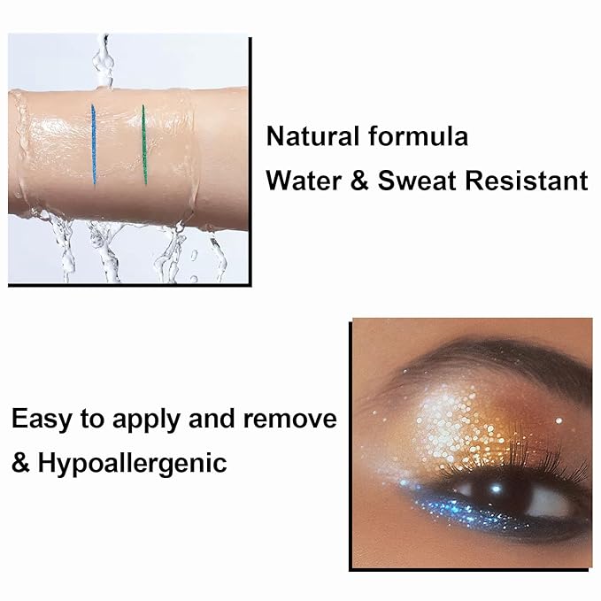 4Pcs Glitter Colored Liquid Eyeliner & Eyeshaow, Shimmer Liquid Eyeliner & Eyeshaow Makeup Set, Purple Blue Gold Green Face Body Glitter Makeup Sparkling Eye shaow Pen