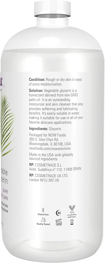 NOW Foods Solutions,Vegetable Glycerin,100% Pure,Versatile Skin Care,Softening and Moisturizing,32-Ounce,(Pack of 2)