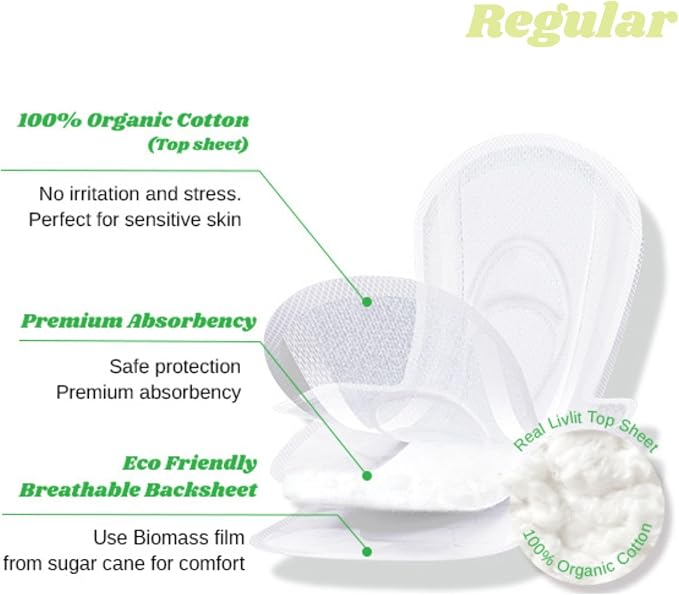 Livlit Regular Size Ultra Thin Sanitary Pads, 100% Organic Cotton from Texas, Powerful Leak Protection, Unscented, Chlorine Free and Absorbency of Feminine Periods, Pads for Women (36 Count)