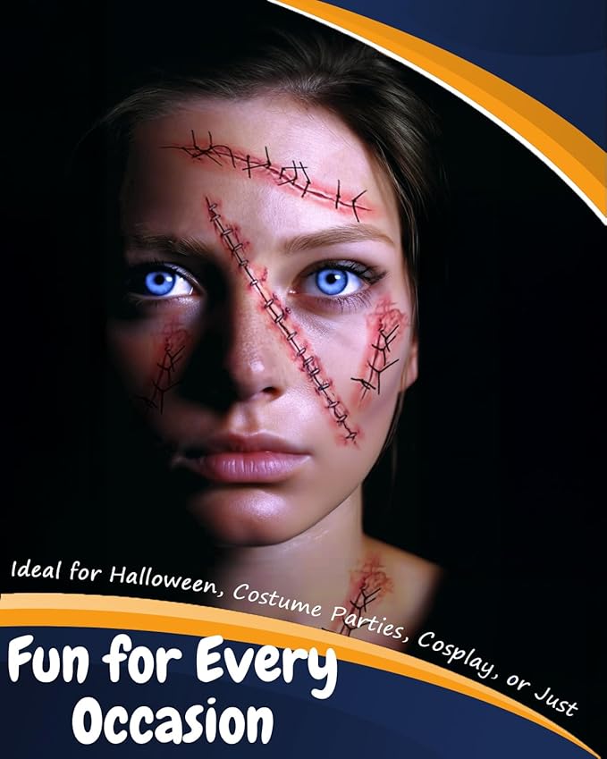 Horror Realistic Fake Bloody Wound Stitch Scar Scab Waterproof Temporary Tattoo Sticker Halloween Masquerade Prank Makeup Props (5 Sheets Stiching)