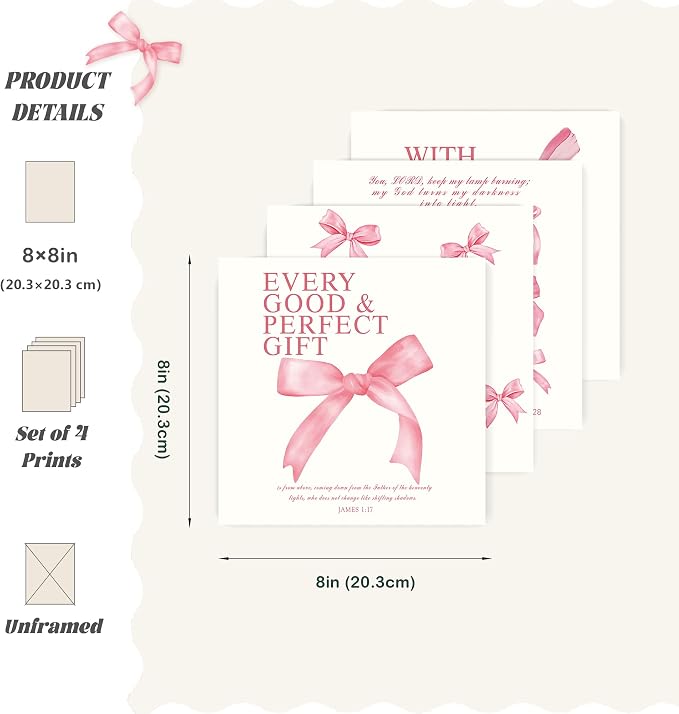 LARTSFRO Coquette Pink Bow Wall Art Decor Posters, Pink Bow Christian Room Bathroom Bedroom Dorm Wall Art Decor Aesthetic for College Teen Girls Gifts, Inspirational Bible Verses Bow Wall Decor, 8x8 Inch Set of 4 Pcs Bow Pictures (UNFRAMED)