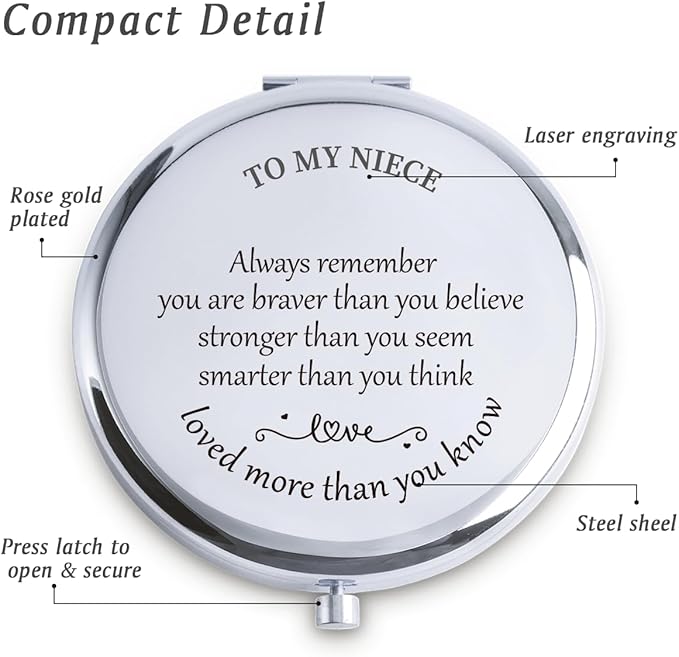Niece Gifts from Aunt Uncle, Personalized Gift for Niece, Custom Compact Mirror, Goodie Bag & Basket Stuffers for Valentines Day, Mothers Day, Graduation, Birthday, Wedding