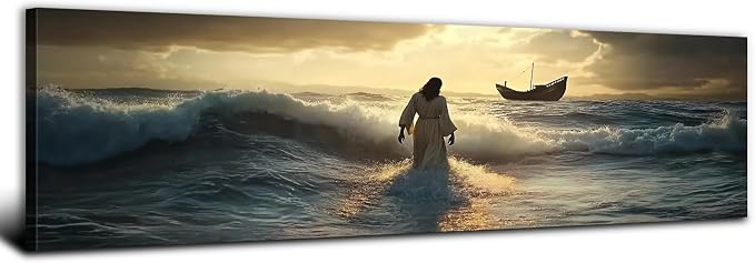 Christian Canvas Wall Art Jesus Walking on Water Wall Decor for Living Room Vintage Christ Picture Bedroom Religion Poster Prints Abstract Sunset Ocean Panoramic Painting Artwork Home Decorations 14x48”