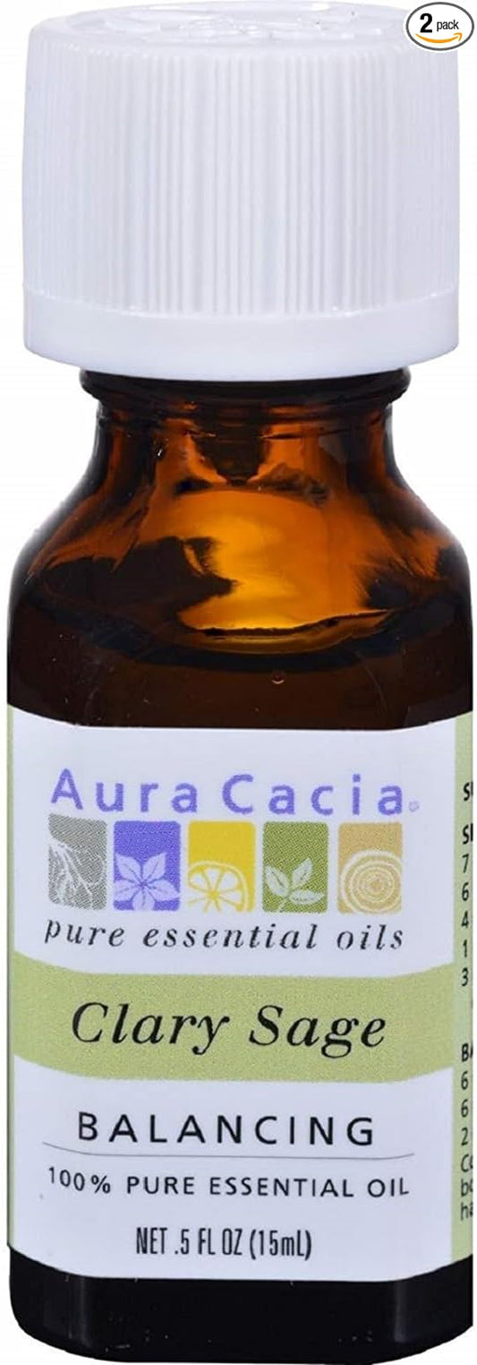 Aura Cacia Clary Sage Essential Oil, Pure Salvia Sclarea Oil, Balancing Aromatherapy for Diffusers, Massage, Relaxation and DIY Blends | 0.5 Fl Oz (Pack of 2)
