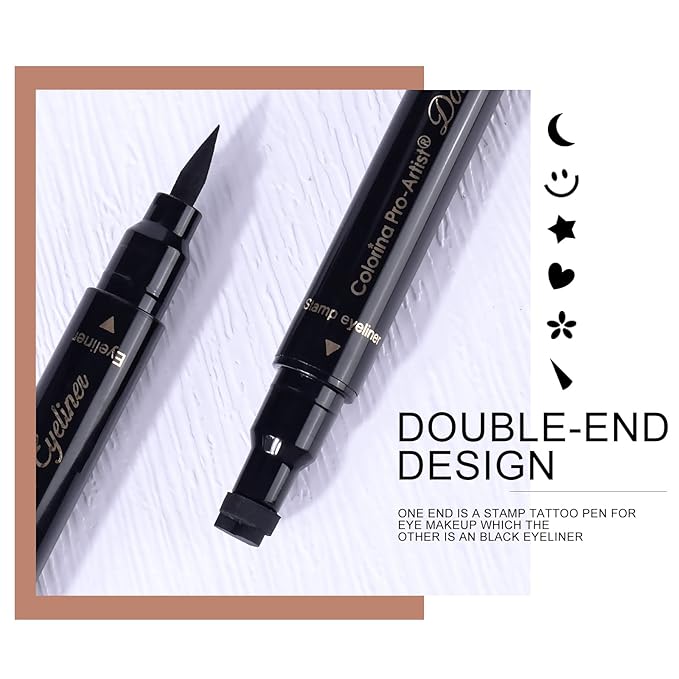 Ownest 6Pcs Eyeliner Stamp, Double-End Eyeliner Stamp Pen, Waterproof Eye Liner Tattoo Makeup-Smiley+Triangle+Heart+Star+Moon+Flower