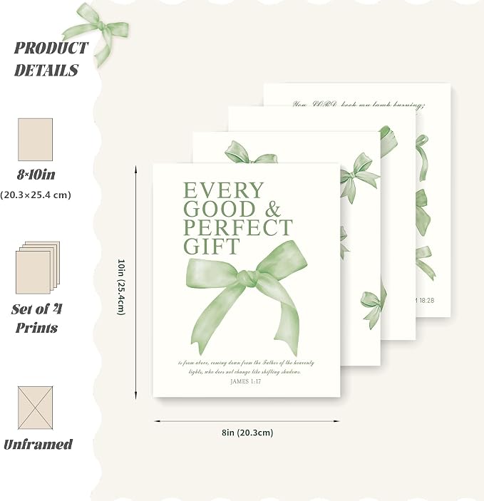 LARTSFRO Coquette Sage Green Bow Wall Art Decor Posters, Sage Green Bow Room Bedroom Bathroom Dorm Wall Art Decor Aesthetic for Teen Girls Gifts, Inspirational Bible Verses Bow Wall Decor, 10x8 Inch Set of 4 Pcs Bow Pictures (UNFRAMED)