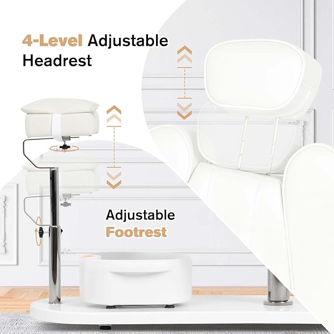 Pedicure Chair No Plumbing with Stool & Foot Bath, 360°Swivel Hydraulic Reclining Pedicure Station with Footrest & Ergonomic Headrest for Nail Tech, Spa, Salon (White)