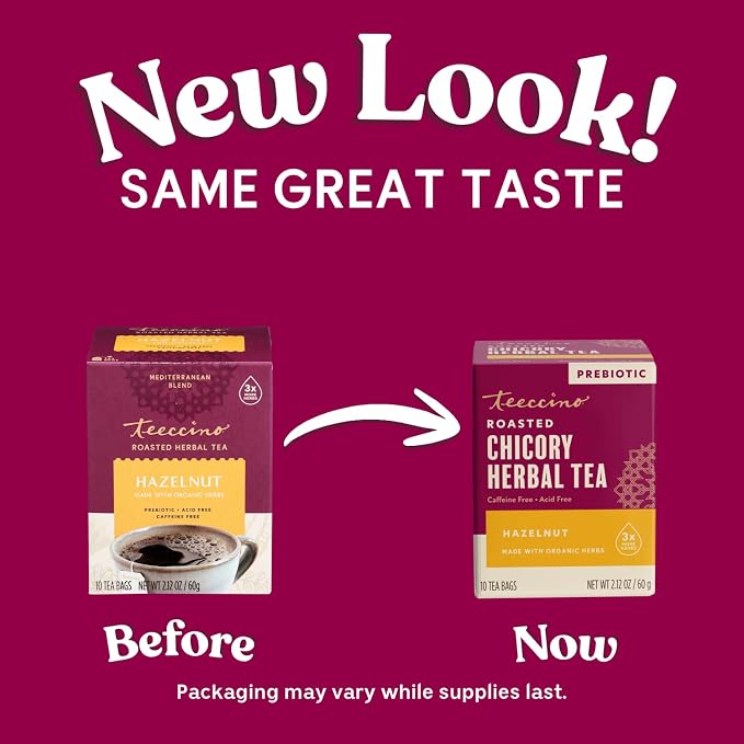 Teeccino Hazelnut Roasted Herbal Tea - Caffeine Free, Prebiotic, 3x More Herbs - 10 Tea Bags