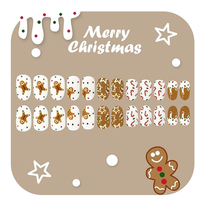 Christmas Press on Nails Gingerbread Man Glue on Nail Press ons with Candy Cane Design White Fake Nails Glossy Full Cover Artificial Acrylic Short Almond Stick on Nail for Women Xmas Manicure 24Pcs