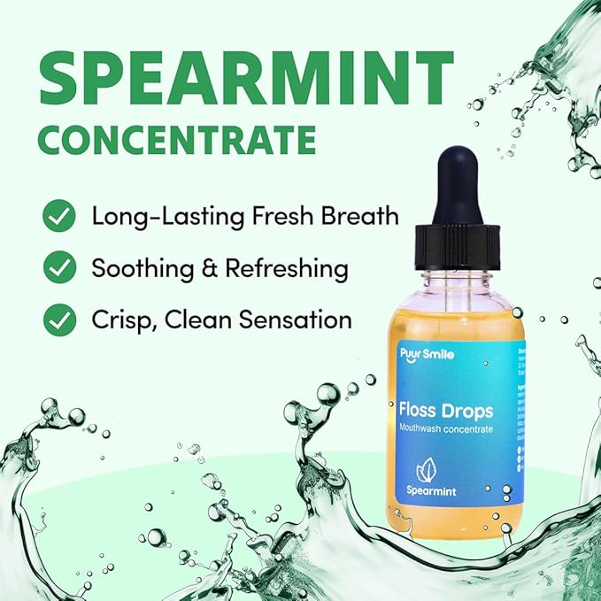 Puur Smile Concentrated Floss Drop Serum – 2oz Concentrated Mouth Wash to Use in Water Flosser | Natural Essentials Promotes Good Breath | Organic Spearmint Drop Supports Good Oral Health