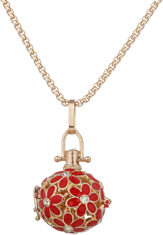 Essential Oil Diffuser Necklace Red Chrysanthemum Rhinestones Copper Aromatherapy Pendant Locket with 7pcs Lave Rocks Stone and 2pcs 27 Inch Gold Chain Jewelry for Women TeenGirls