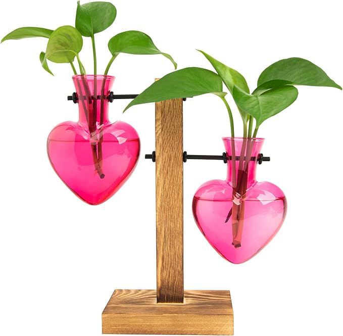XXXFLOWER Plant Propagation Station Terrarium 2 Pink Heart Shaped Vase | Terrarium Kit Bulb Glass Metal Desk Plant Holder, Retro Air Plants Water Plants, Home Office Decoration